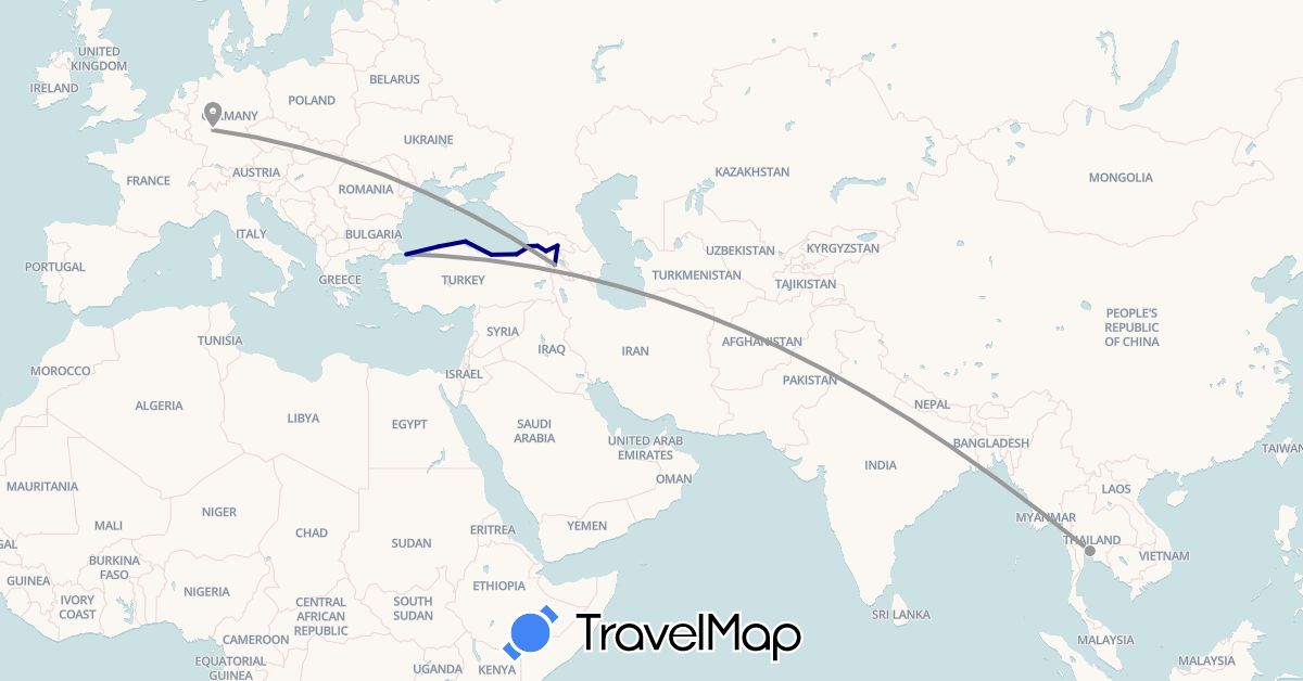 TravelMap itinerary: driving, plane in Armenia, Germany, Georgia, Thailand, Turkey (Asia, Europe)
